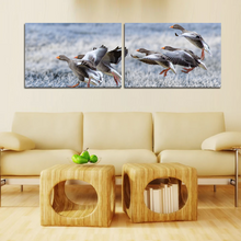 Load image into Gallery viewer, Gray Geese Approach Winter Meadow Frost Snow Split Canvas Prints
