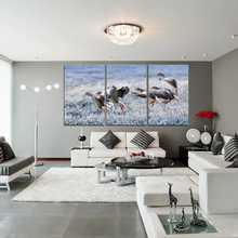 Load image into Gallery viewer, Gray Geese Approach Winter Meadow Frost Snow Split Canvas Prints

