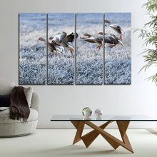 Load image into Gallery viewer, Gray Geese Approach Winter Meadow Frost Snow Split Canvas Prints
