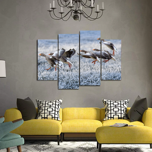 Gray Geese Approach Winter Meadow Frost Snow Split Canvas Prints