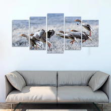 Load image into Gallery viewer, Gray Geese Approach Winter Meadow Frost Snow Split Canvas Prints
