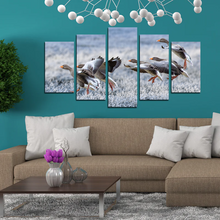 Load image into Gallery viewer, Gray Geese Approach Winter Meadow Frost Snow Split Canvas Prints
